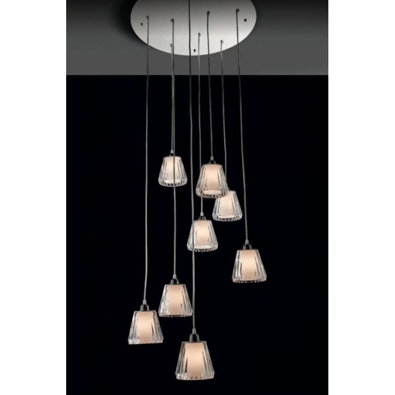 GAIA 8 LAMPADARIO SOSPENSIONE 8 LUCI PIATTO CROMO D.60 DIFFUSORI ACRILICO 3 COLORI Illuminando - Cristalensi Shop Online