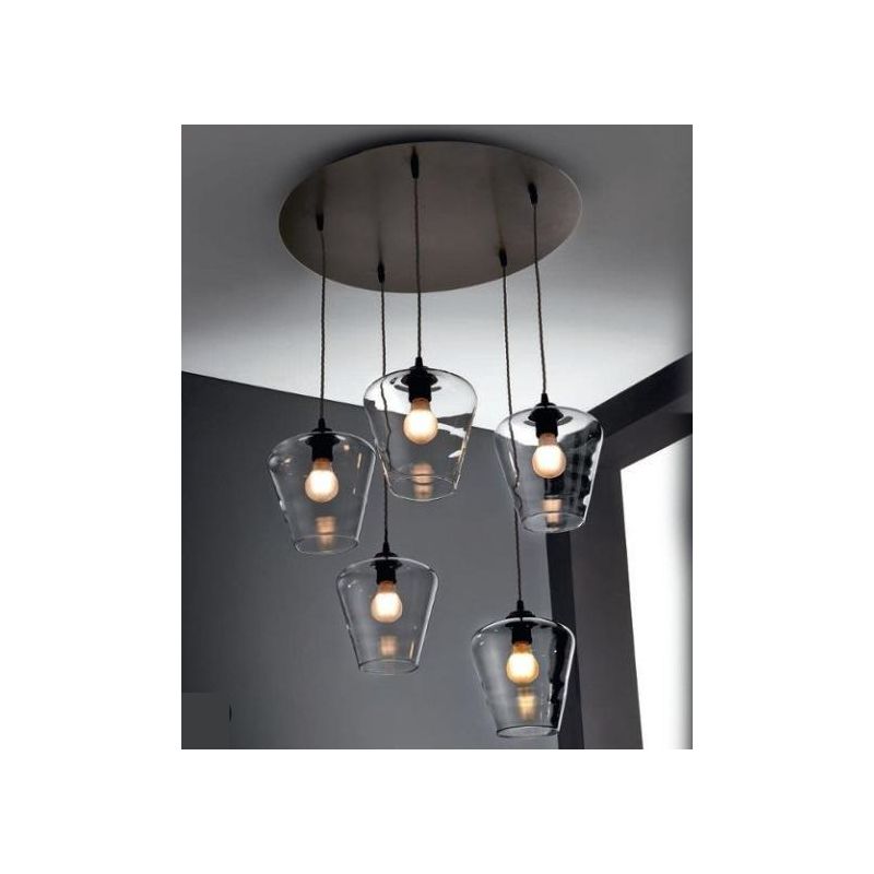 PAGODA 5 LUCI PIATTO CROMO LUCIDO O RUGGINE CON FILO TRECCIA VETRI TRASPARENTI Illuminando - Cristalensi Shop Online
