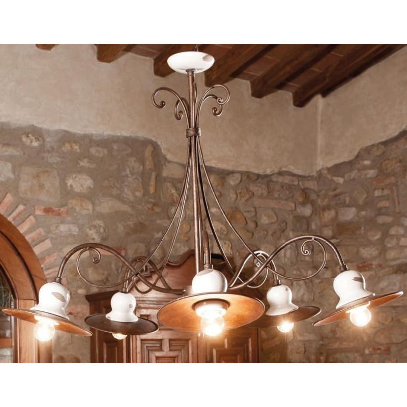 LAMPADARIO 5 LUCI RUSTICO IN FERRO FORGIATO A MANO CON PIATTI IN OTTONE MADE IN ITALY DELLA IMAS IMAS - Cristalensi Shop Online