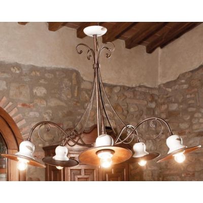 LAMPADARIO 5 LUCI RUSTICO IN FERRO FORGIATO A MANO CON PIATTI IN OTTONE MADE IN ITALY DELLA IMAS IMAS - Cristalensi Shop Online