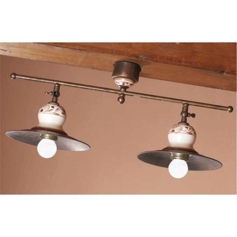 PLAFONIERA 2 LUCI STILE RUSTICO IN OTTONE INVECCHIATO CON SNODI MADE IN ITALY IMAS - Cristalensi Shop Online