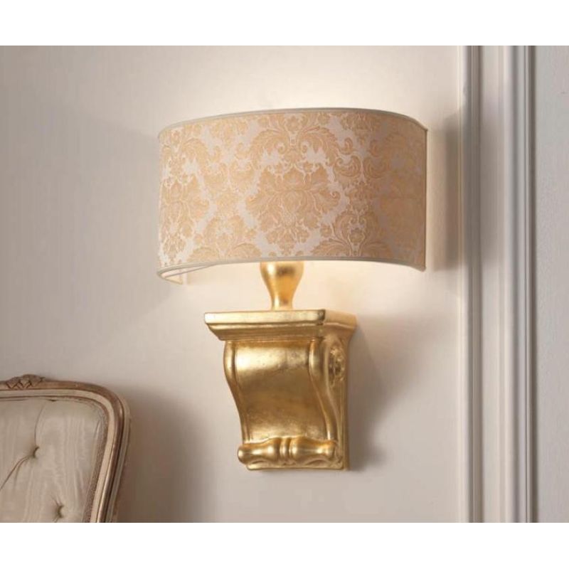 LAMPADA DA PARETE CON BASE CAPITELLO IN TERRACOTTA FOGLIA ORO CON VENTOLA DAMASCO MADE IN ITALY IMAS - Cristalensi Shop Online