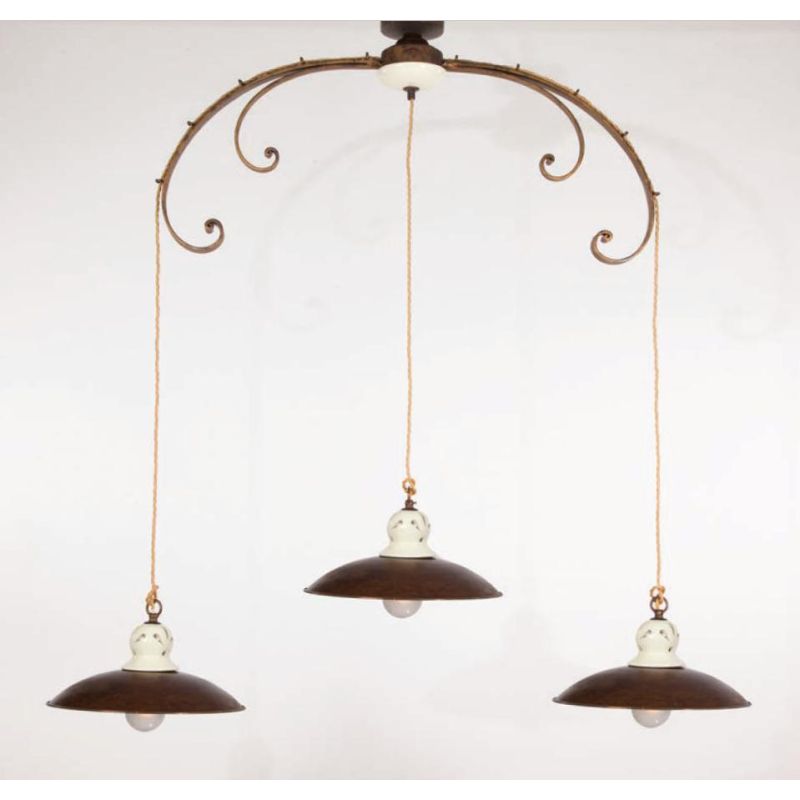 SOSPENSIONE AD ARCO A 3 LUCI IN FERRO BATTUTO CON PIATTI IN OTTONE DELLA IMAS MADE IN ITALY IMAS - Cristalensi Shop Online