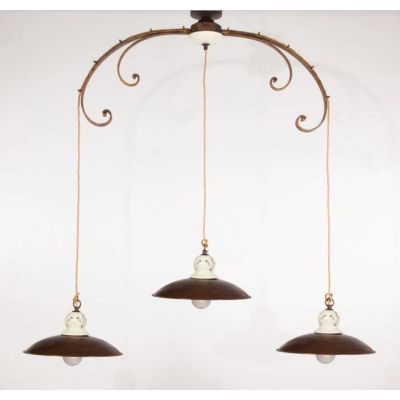SOSPENSIONE AD ARCO A 3 LUCI IN FERRO BATTUTO CON PIATTI IN OTTONE DELLA IMAS MADE IN ITALY IMAS - Cristalensi Shop Online