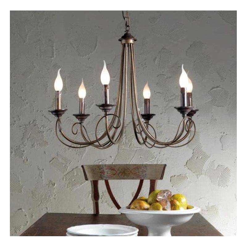 LAMPADARIO CLASSICO A 6 LUCI IN FERRO BATTUTO E OTTONE MADE IN ITALY DELLA IMAS IMAS - Cristalensi Shop Online