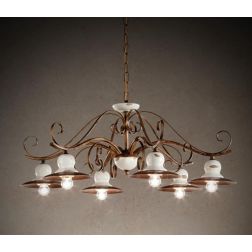 LAMPADARIO 6 LUCI IN FERRO BATTUTO CON PIATTI IN OTTONE E CERAMICA MADE IN ITALY DELLA IMAS IMAS - Cristalensi Shop Online 2