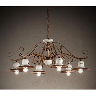 LAMPADARIO 6 LUCI IN FERRO BATTUTO CON PIATTI IN OTTONE E CERAMICA MADE IN ITALY DELLA IMAS IMAS - Cristalensi Shop Online