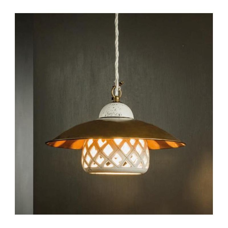 SOSPENSIONE VINTAGE CON CAMPANA IN CERAMICA E PIATTO IN OTTONE MADE IN ITALY IMAS - Cristalensi Shop Online