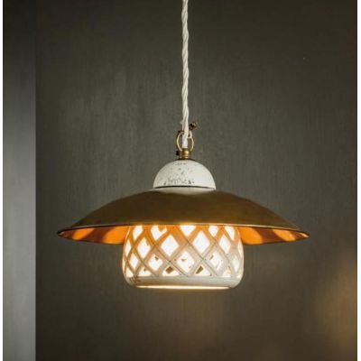 SOSPENSIONE VINTAGE CON CAMPANA IN CERAMICA E PIATTO IN OTTONE MADE IN ITALY IMAS - Cristalensi Shop Online