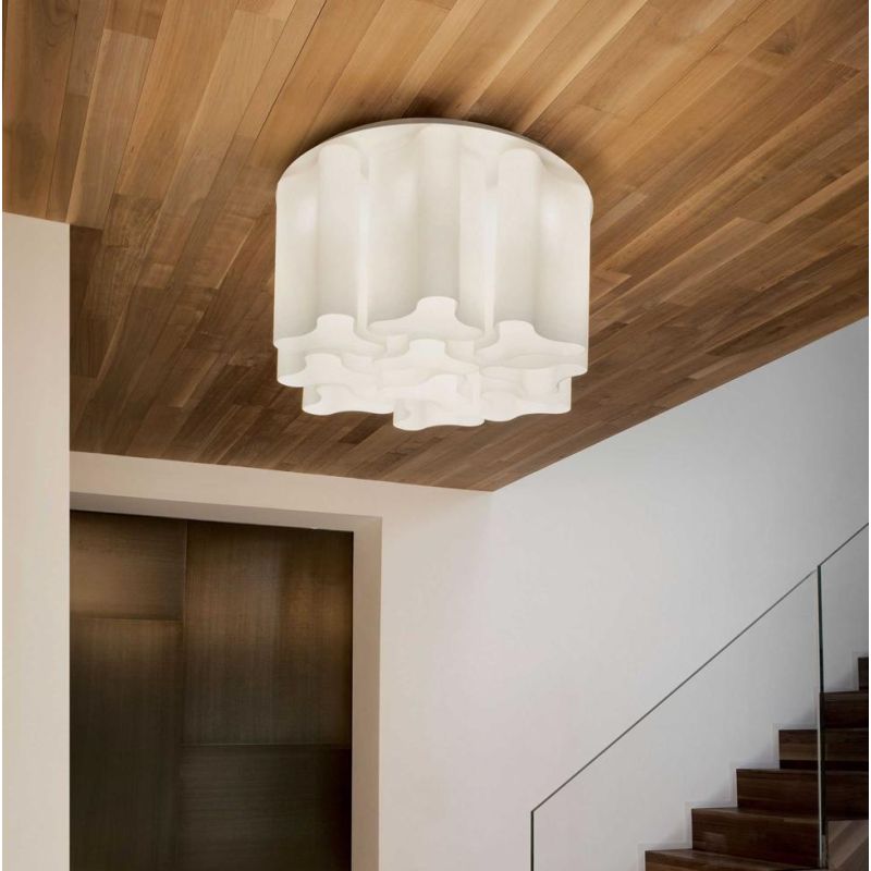 PLAFONIERA 10 LUCI IN VETRO SOFFIATO BIANCO LATTE O FUME DAL DESIGN MODERNO CRISTALENSI - Cristalensi Shop Online