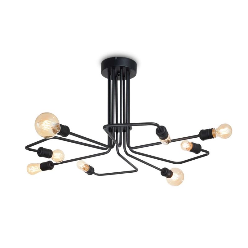 PLAFONIERA MODERNA 8 LUCI CON BRACCI IN METALLO VERNICIATO NERO O OTTONE CON LAMPADINE A VISTA CRISTALENSI - Cristalensi Shop On
