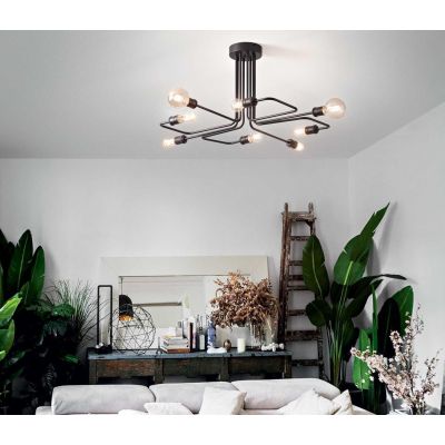 PLAFONIERA MODERNA 8 LUCI CON BRACCI IN METALLO VERNICIATO NERO O OTTONE CON LAMPADINE A VISTA CRISTALENSI - Cristalensi Shop On
