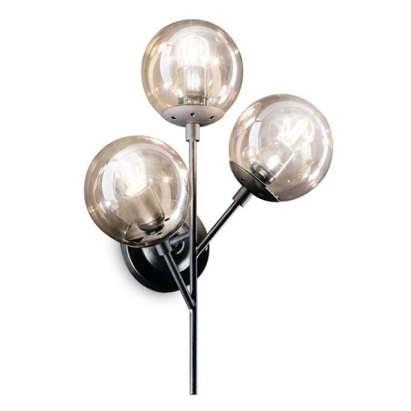 LAMPADA DA PARETE MODERNA IN METALLO NERO CON TRE DIFFUSORI A SFERA AMBRATI CRISTALENSI - Cristalensi Shop Online