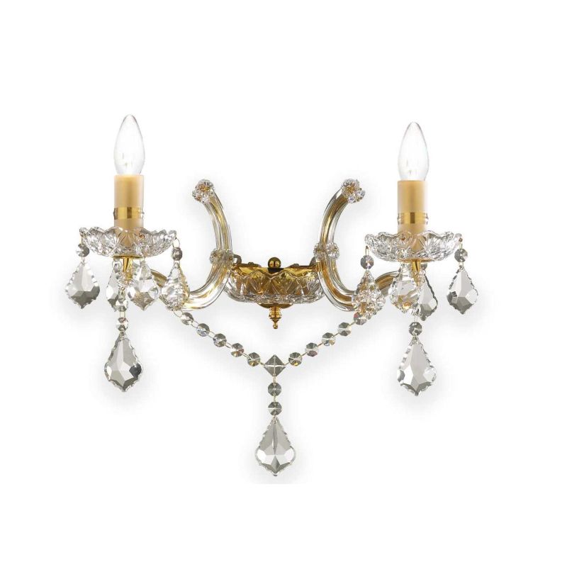 LAMPADA DA PARETE CLASSICA CON 2 LUCI IN VETRO TRASPARENTE O ORO E PENDAGLI IN CRISTALLO CRISTALENSI - Cristalensi Shop Online