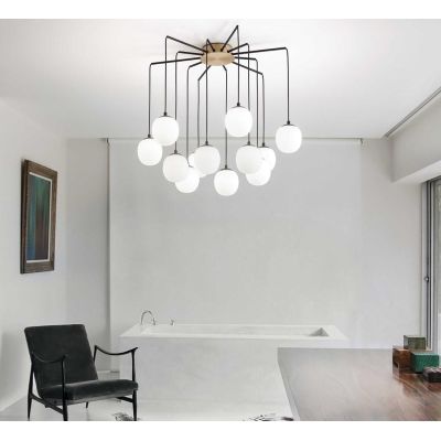 LAMPADARIO MODERNO IN METALLO NERO CON 12 OPPURE 16 SFERE IN VETRO BIANCO LAMPADINE G9 INCLUSE CRISTALENSI - Cristalensi Shop On