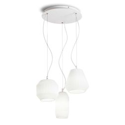 SOSPENSIONE MODERNA IN METALLO BIANCO CON DIFFUSORI IN VETRO BIANCO PLISSETTATO DIAMETRO CM 40 CRISTALENSI - Cristalensi Shop On 2