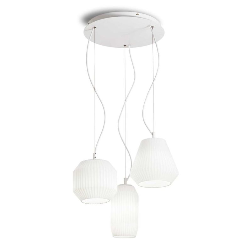 SOSPENSIONE MODERNA IN METALLO BIANCO CON DIFFUSORI IN VETRO BIANCO PLISSETTATO DIAMETRO CM 40 CRISTALENSI - Cristalensi Shop On