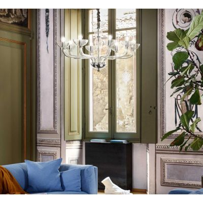 LAMPADARIO CLASSICO 8 LUCI IN VETRO SOFFIATO 2 COLORI CON DETTAGLI CROMO LAVORATO A MANO CRISTALENSI - Cristalensi Shop Online