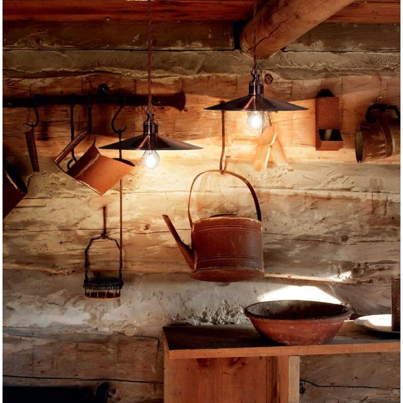 LAMPADARIO RUSTICO A SOSPENSIONE CON DIFFUSORE A PIATTO IN METALLO BRUNITO O RAME CRISTALENSI - Cristalensi Shop Online