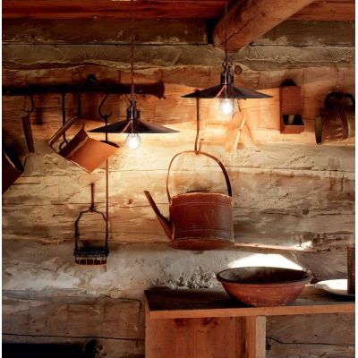 LAMPADARIO RUSTICO A SOSPENSIONE CON DIFFUSORE A PIATTO IN METALLO BRUNITO O RAME CRISTALENSI - Cristalensi Shop Online