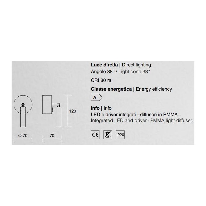 945 NADIR APPLIQUE SPOT DIREZIONABILE LED 3W 3000K CON INTERRUTTORE SULLA BASE ISYLUCE - Cristalensi Shop Online