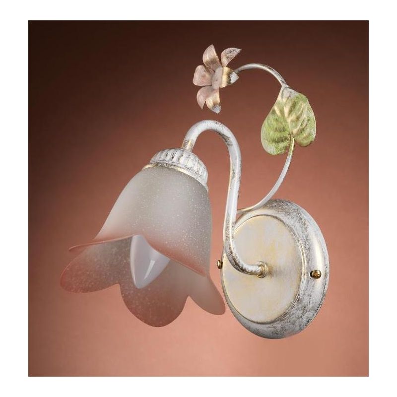 APPLIQUE 1 LUCE METALLO BIANCO SPENNELLATO ORO E PARALUME IN VETRO SATINATO SFUMATO ROSA CRISTALENSI LIGHT - Cristalensi Shop On