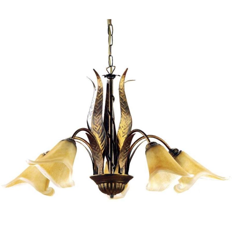 ALGA LAMPADARIO 5 LUCI IN METALLO MARRONE SPENNELLATO ORO E DIFFUSORI IN VETRO AMBRA CRISTALENSI LIGHT - Cristalensi Shop Online
