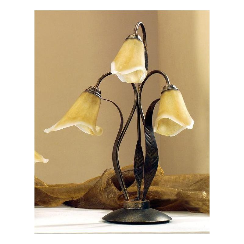 ALGA LAMPADA DA TAVOLO 3 LUCI IN METALLO MARRONE SPENNELLATO ORO E DIFFUSORI IN VETRO AMBRA CRISTALENSI LIGHT - Cristalensi Shop