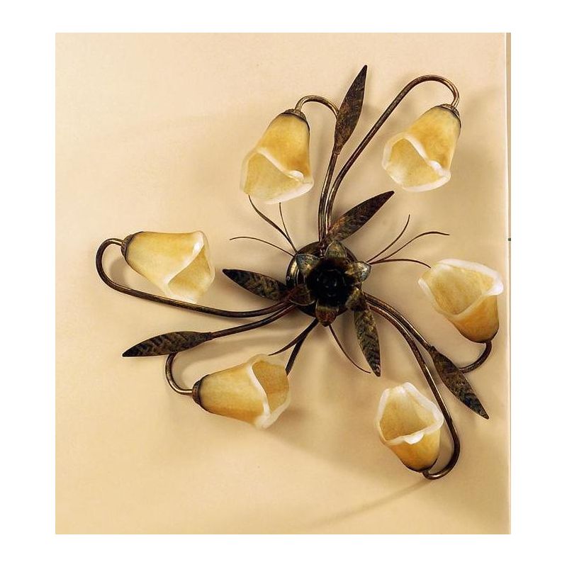 ALGA PLAFONIERA 6 LUCI IN METALLO MARRONE SPENNELLATO ORO E DIFFUSORI IN VETRO AMBRA CRISTALENSI LIGHT - Cristalensi Shop Online