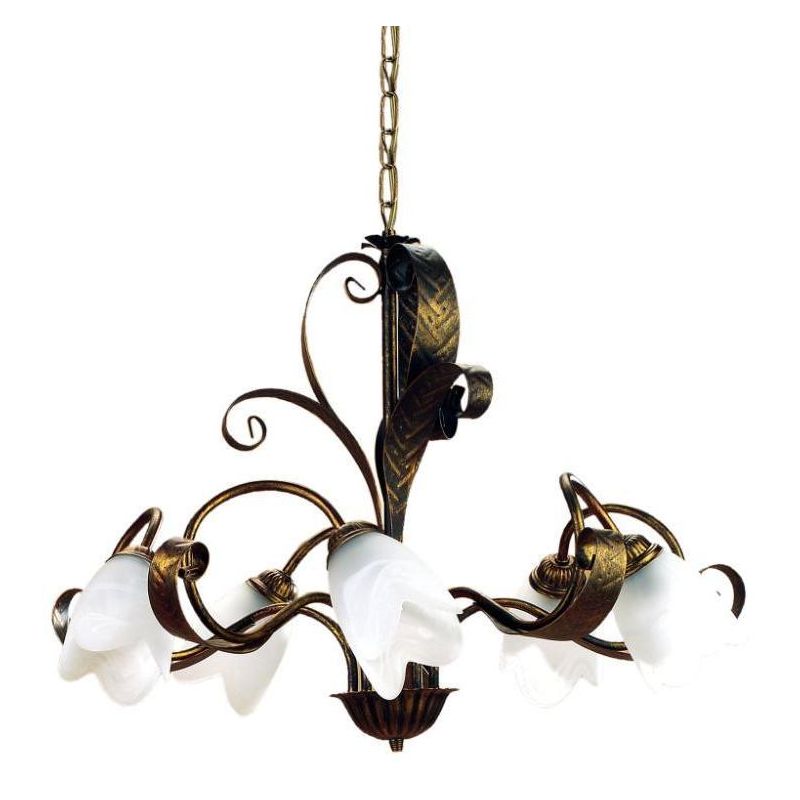 SONIA LAMPADARIO 5 LUCI CLASSICO IN METALLO MARRONE SPENNELLATO ORO E DIFFUSORI IN VETRO BIANCO CRISTALENSI LIGHT - Cristalensi