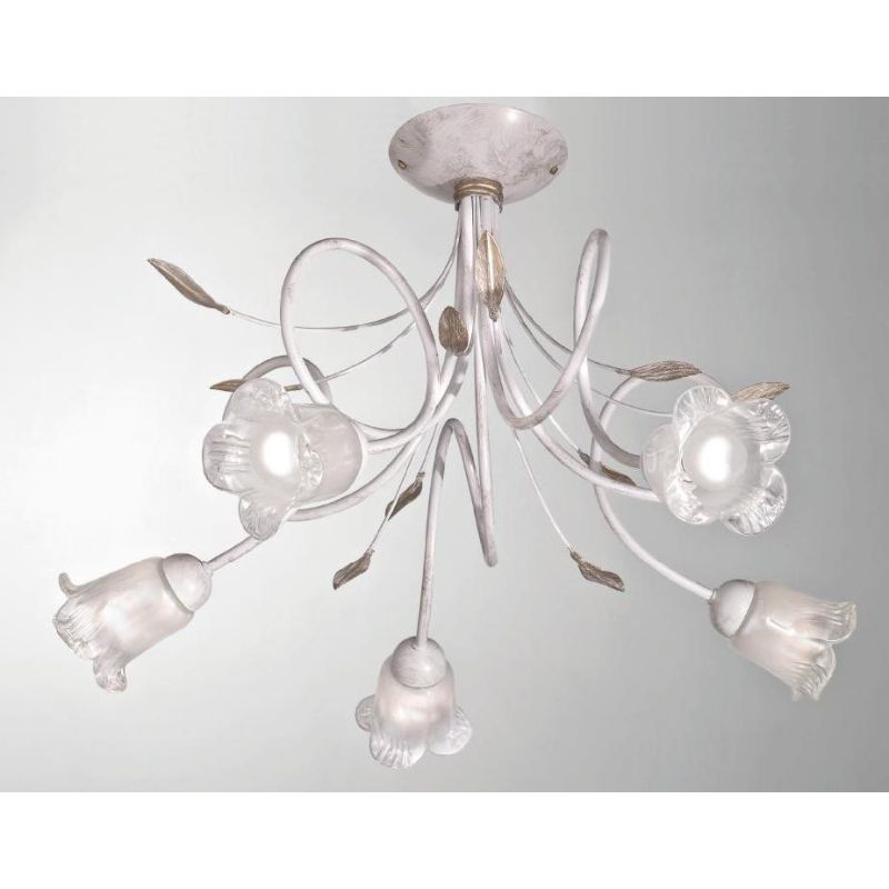 ANGELA PLAFONIERA CLASSICA 5 LUCI IN METALLO BIANCO ANTICO CON DIFFUSORI FLOREALI IN VETRO CRISTALENSI LUX - Cristalensi Shop On