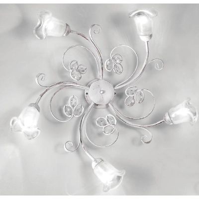 CLARISSA PLAFONIERA ROTONDA 5 LUCI BIANCO PATINATO RAME DIFFUSORI FLOREALI E DETTAGLI IN CRISTALLO CRISTALENSI LUX - Cristalensi