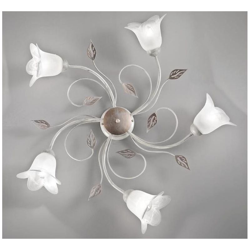 GRETA PL5 PLAFONIERA 5 LUCI METALLO BIANCO ANTICO CON DIFFUSORI FLOREALI IN VETRO ECONOMICA CRISTALENSI LUX - Cristalensi Shop O