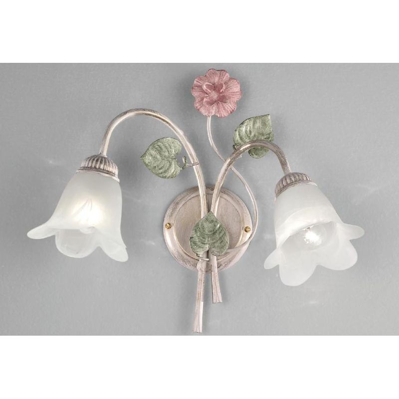 PRIMAVERA APPLIQUE 2 LUCI CLASSICA AVORIO DECORATA CON FIORI ROSA E FOGLIE VERDI CRISTALENSI LUX - Cristalensi Shop Online