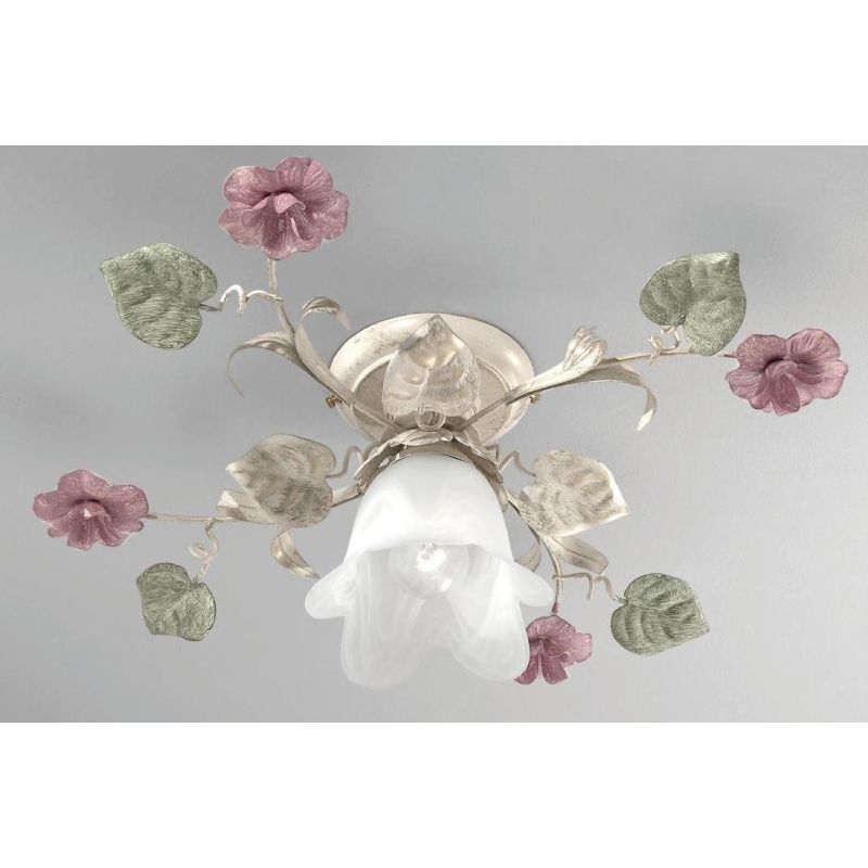 PRIMAVERA PLAFONIERA CLASSICA AVORIO DECORATA CON FIORI ROSA E FOGLIE VERDI CRISTALENSI LUX - Cristalensi Shop Online