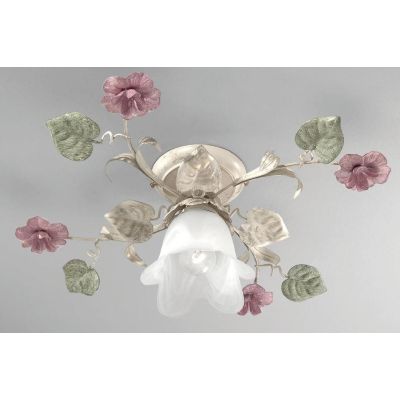 PRIMAVERA PLAFONIERA CLASSICA AVORIO DECORATA CON FIORI ROSA E FOGLIE VERDI CRISTALENSI LUX - Cristalensi Shop Online