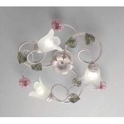 PRIMAVERA PLAFONIERA 3 LUCI CLASSICA AVORIO DECORATA CON FIORI ROSA E FOGLIE VERDI CRISTALENSI LUX - Cristalensi Shop Online 2