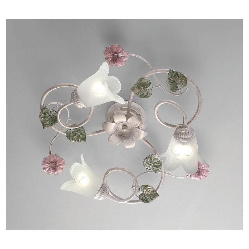 PRIMAVERA PLAFONIERA 3 LUCI CLASSICA AVORIO DECORATA CON FIORI ROSA E FOGLIE VERDI CRISTALENSI LUX - Cristalensi Shop Online