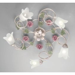 PRIMAVERA PLAFONIERA 5 LUCI CLASSICA AVORIO DECORATA CON FIORI ROSA E FOGLIE VERDI CRISTALENSI LUX - Cristalensi Shop Online 2