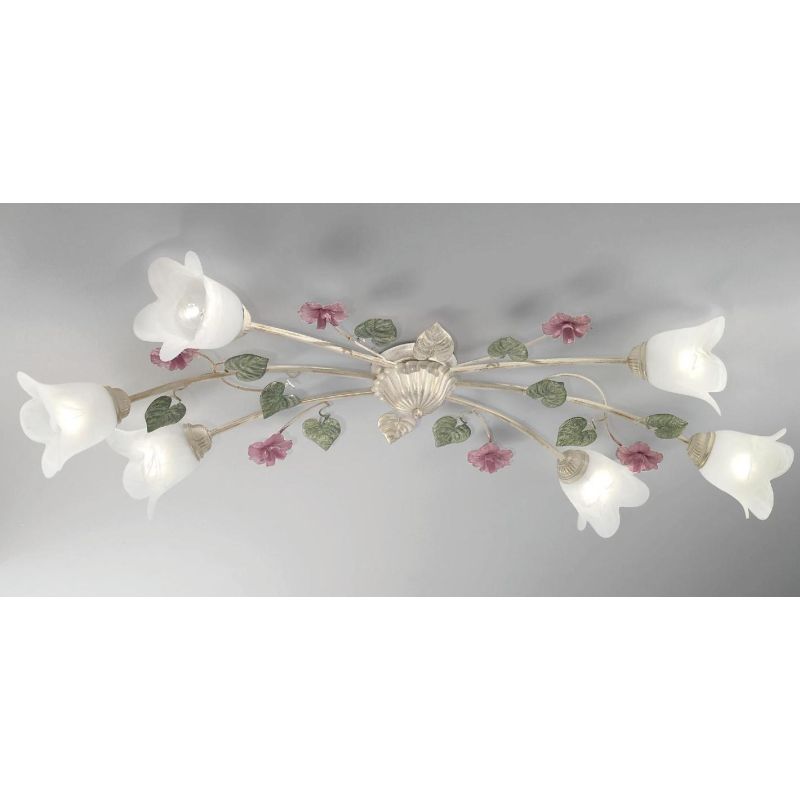 PRIMAVERA PLAFONIERA IN STILE CLASSICO AVORIO DECORATA CON FIORI ROSA E FOGLIE VERDI CRISTALENSI LUX - Cristalensi Shop Online