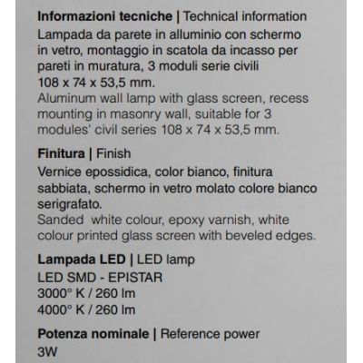 VETRONOTTE ISYLUCE SEGNAPASSO PER CASSETTA 503 LED 3W IP65 3000K O 4000K VETRO BIANCO ISYLUCE - Cristalensi Shop Online