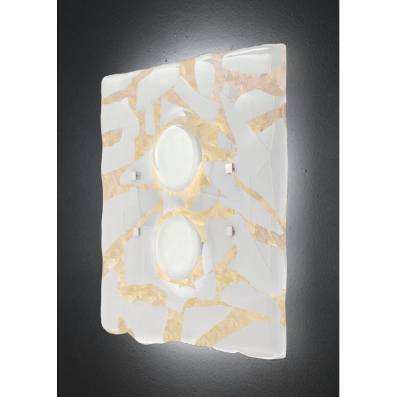 LODGE APPLIQUE 2 LUCI CM 38X38 IN VETRO LAVORATO IN ITALIA DECORO FOGLIA ORO O ARGENTO Familamp - Cristalensi Shop Online