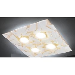 LODGE PLAFONIERA 4 LUCI CM 58X58 IN VETRO LAVORATO IN ITALIA DECORO FOGLIA ORO O ARGENTO Familamp - Cristalensi Shop Online