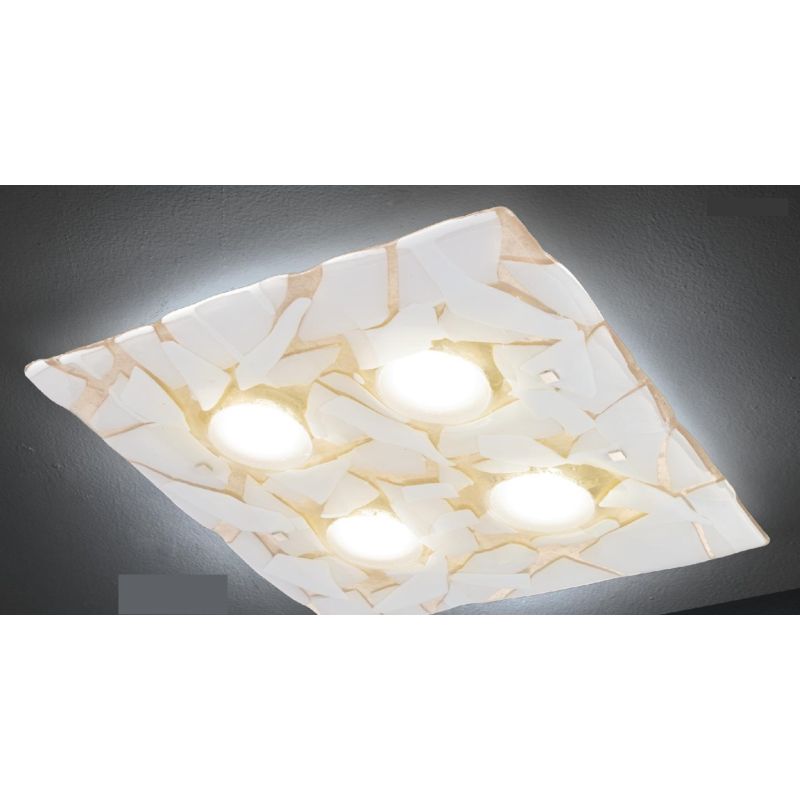 LODGE PLAFONIERA 4 LUCI CM 58X58 IN VETRO LAVORATO IN ITALIA DECORO FOGLIA ORO O ARGENTO Familamp - Cristalensi Shop Online