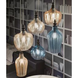 CLEOFE S6 SOSPENSIONE VINTAGE CON VETRI COLORATI COBALTO AMBRA E OCRA DECORATI A RILIEVO DELLA GEA GEA LUCE - Cristalensi Shop O