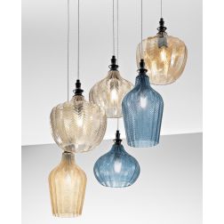 CLEOFE S6 SOSPENSIONE VINTAGE CON VETRI COLORATI COBALTO AMBRA E OCRA DECORATI A RILIEVO DELLA GEA GEA LUCE - Cristalensi Shop O 2