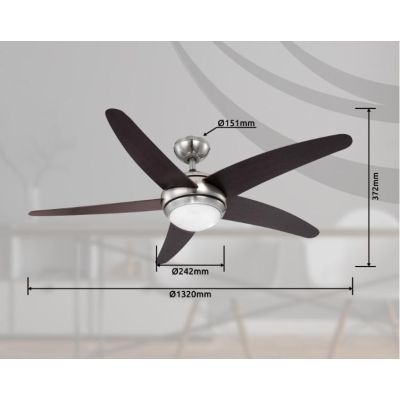 FABIOLA VENTILATORE CON LUCE IN ACCIAIO SATINATO E PALE WENGE' DIAMETRO 132 CM Globo Lighting - Cristalensi Shop Online
