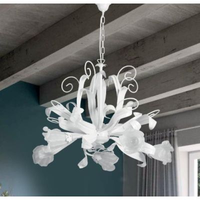 SHABBY CHIC LAMPADARIO CLASSICO 5 LUCI BIANCO CON DIFFUSORI FLOREALI IN VETRO DECORATO Padana Lampadari - Cristalensi Shop Onlin