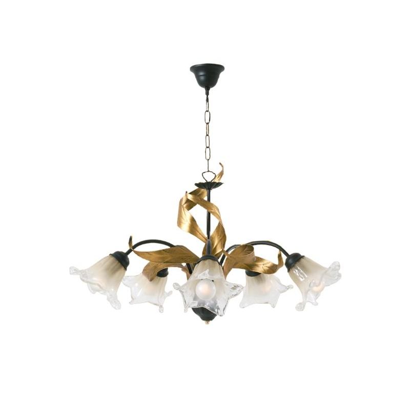 MELISSA LAMPADARIO CLASSICO 5 LUCI IN METALLO ANTRACITE CON FOGLIE ORO E DIFFUSORI IN VETRO Padana Lampadari - Cristalensi Shop 