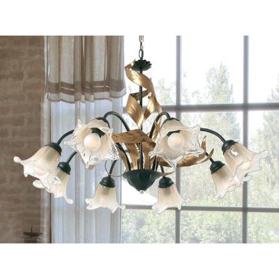 MELISSA LAMPADARIO CLASSICO 8 LUCI IN METALLO ANTRACITE CON FOGLIE ORO E DIFFUSORI IN VETRO Padana Lampadari - Cristalensi Shop 